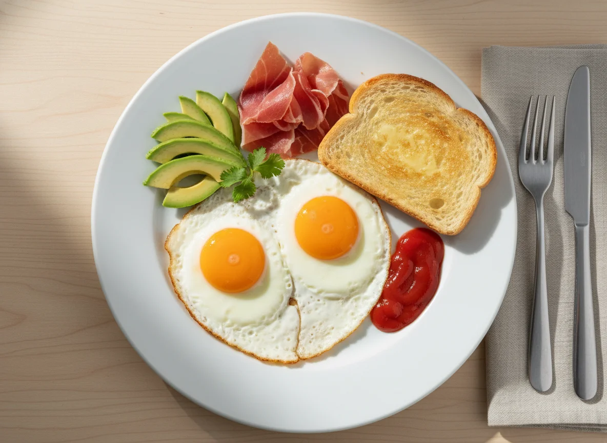 Desayuno con huevos fritos, jamón, tostada y aguacate photo