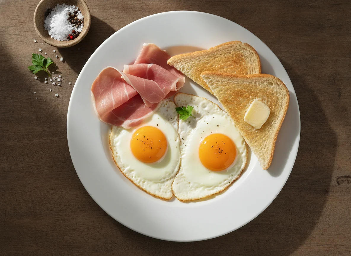 Desayuno con huevos fritos, jamón y tostada photo