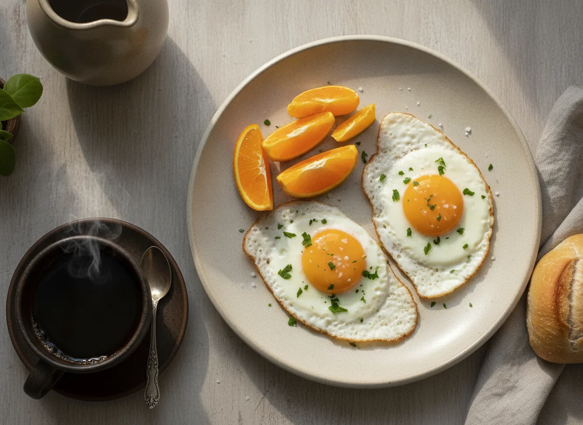 Desayuno con huevos fritos, naranja y café photo