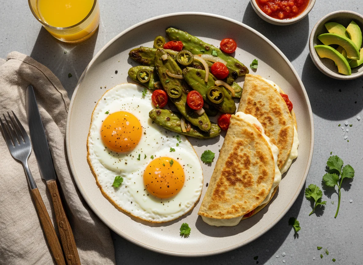 Desayuno con huevos fritos, nopales y quesadillas photo