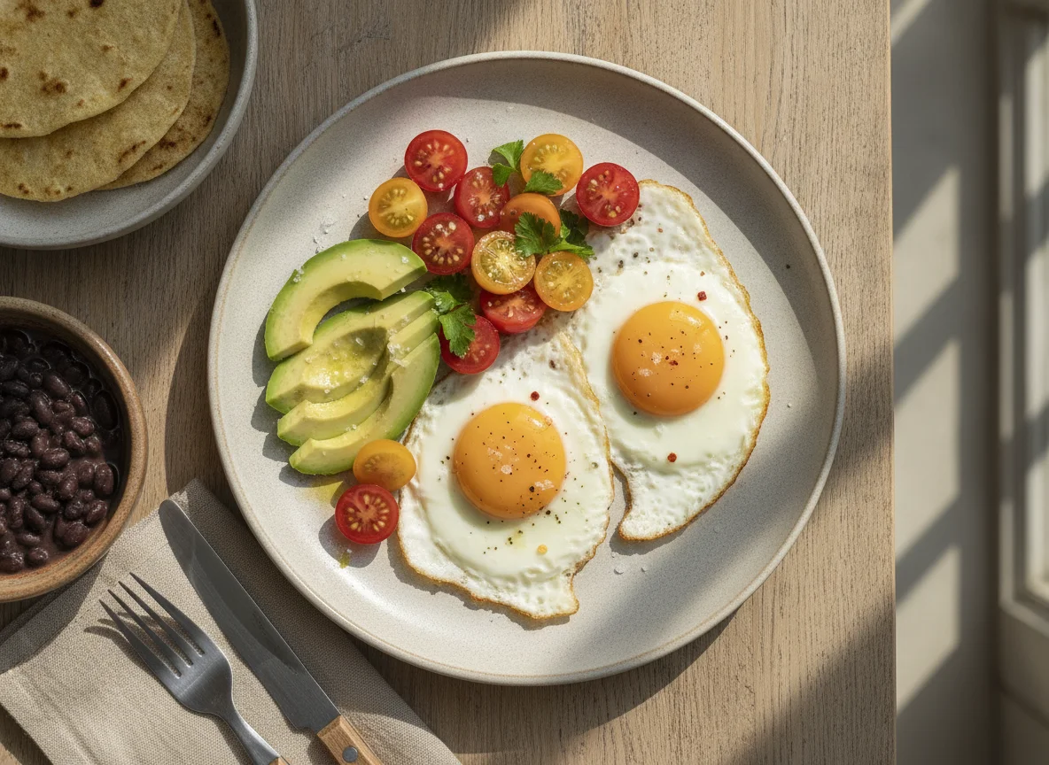 Desayuno con huevos fritos, palta y tomates cherry photo