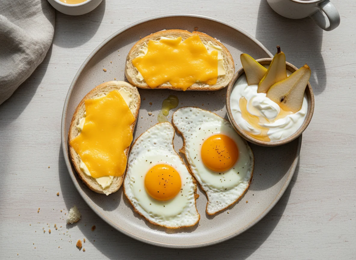 Desayuno con huevos fritos, pan con queso y pera con yogur photo