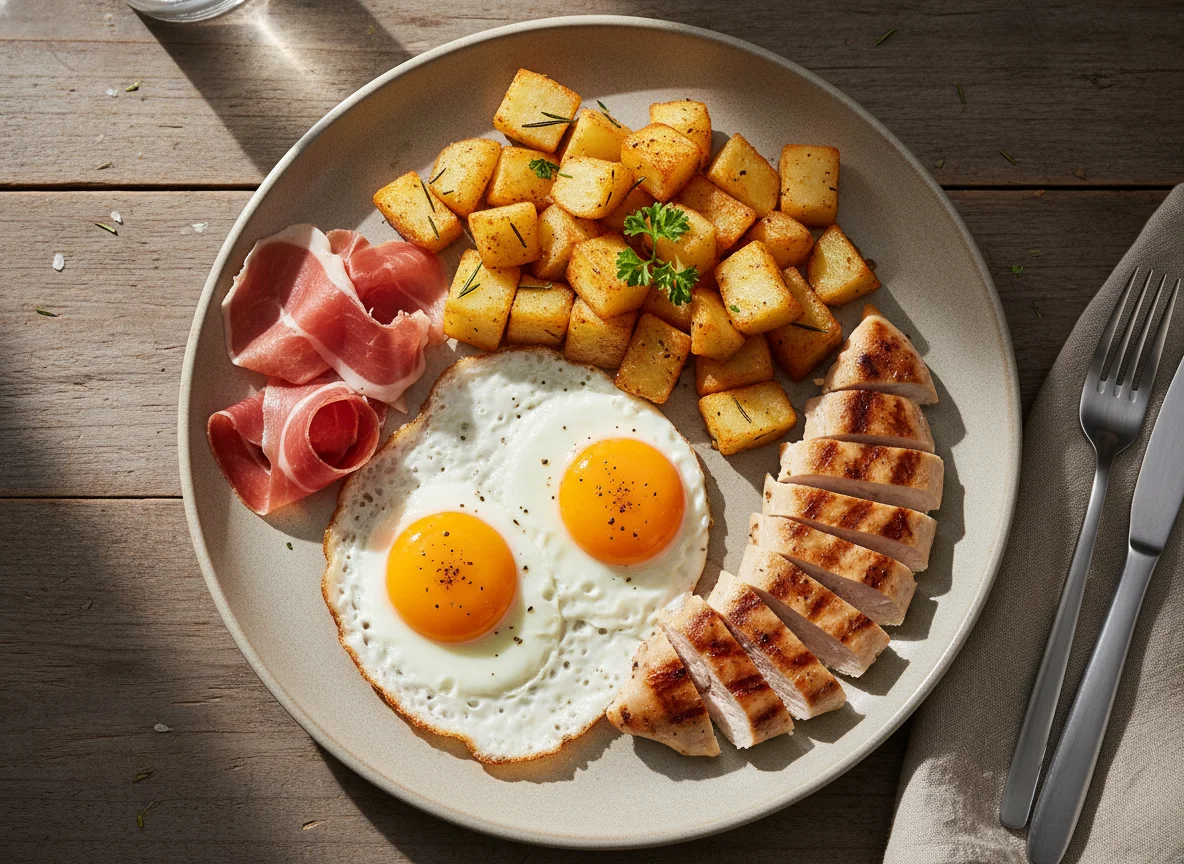 Desayuno con huevos fritos, patatas y jamón photo