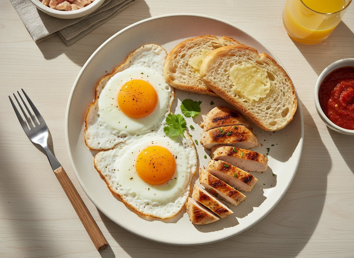 Desayuno con huevos fritos, pollo y pan photo