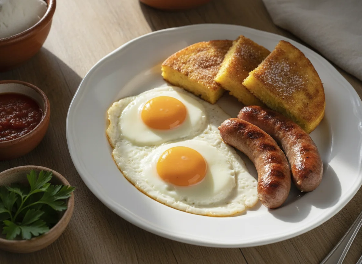 Desayuno con huevos fritos, salchichas y tortilla de pan photo