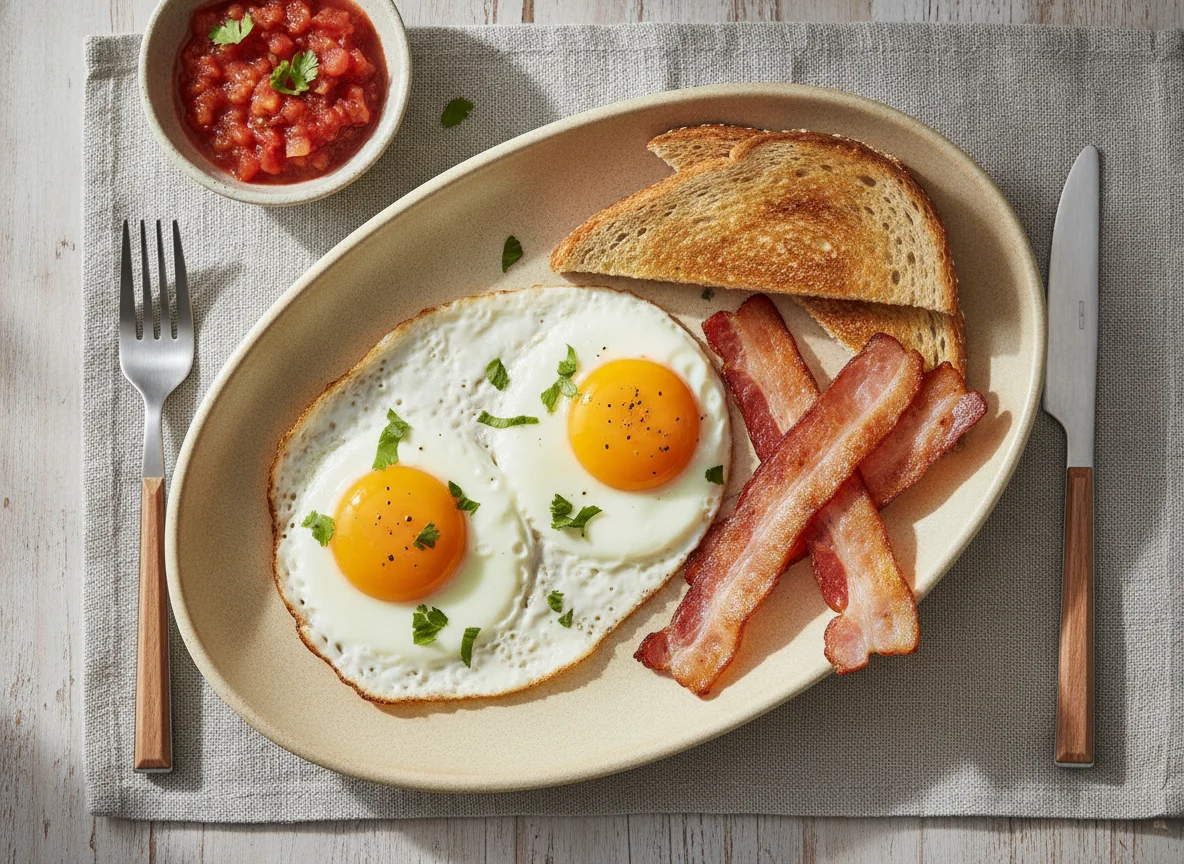 Desayuno con huevos fritos, tocino y pan tostado photo