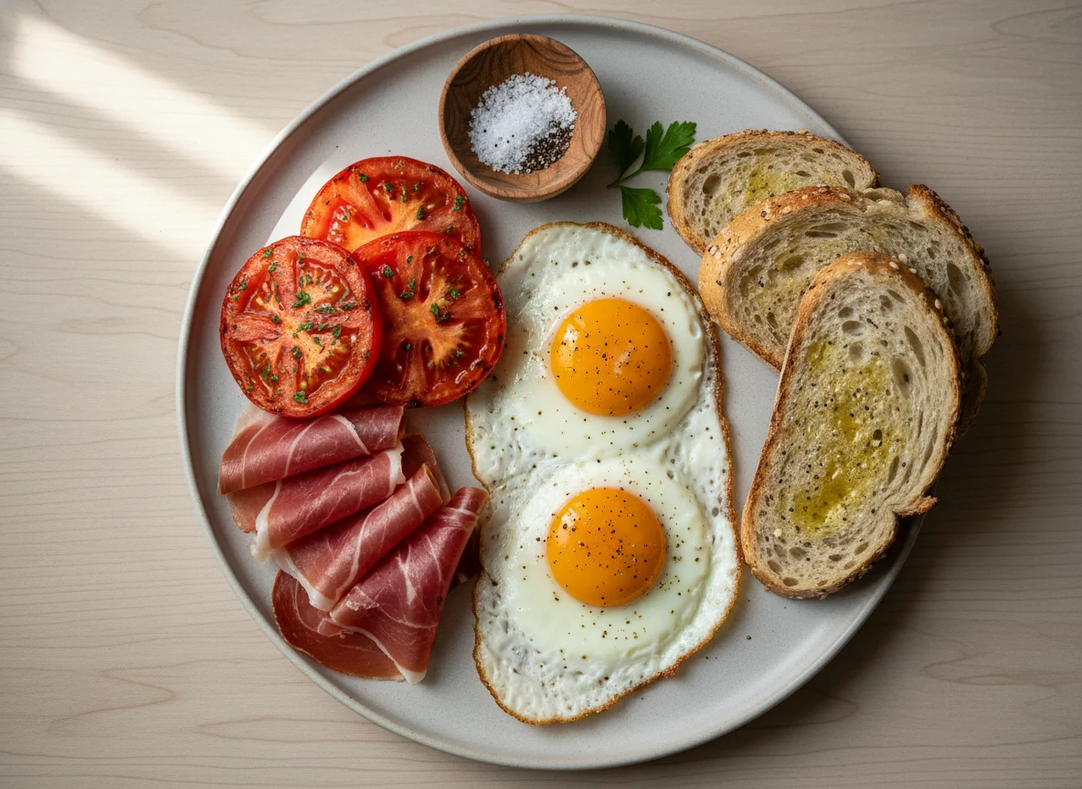 Desayuno con huevos fritos, tomate, jamón serrano y pan integral photo