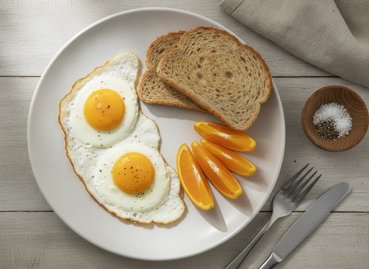 Desayuno con huevos fritos, tostada integral y naranja photo