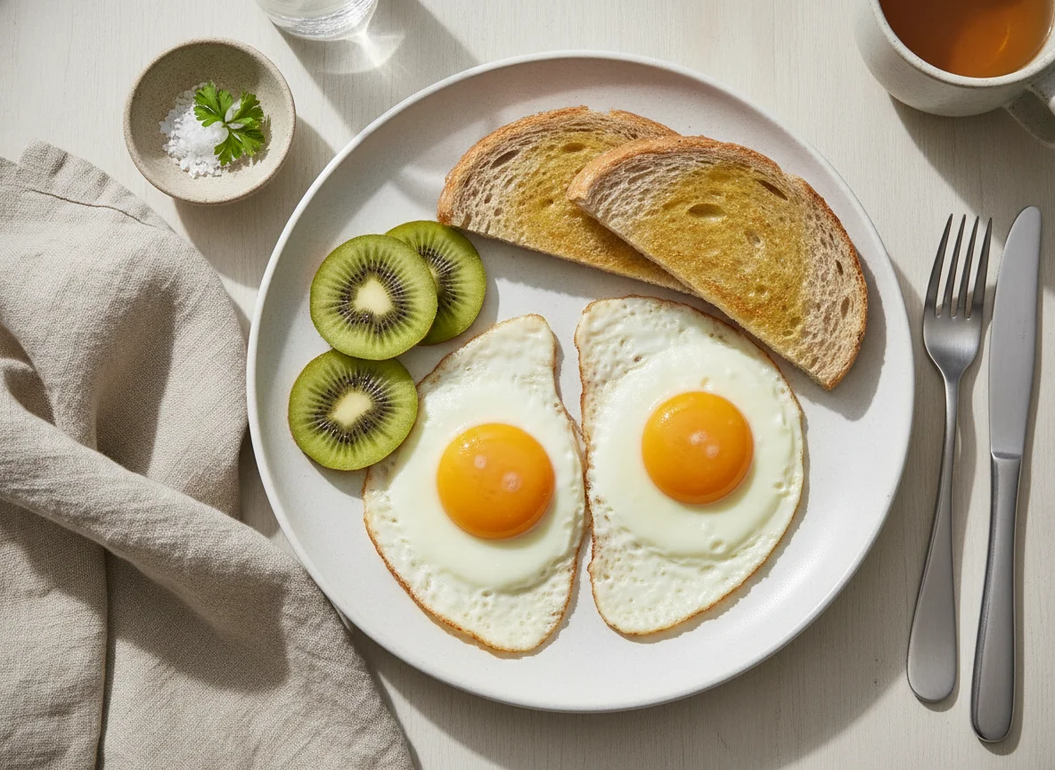 Desayuno con huevos fritos, tostada y kiwi photo