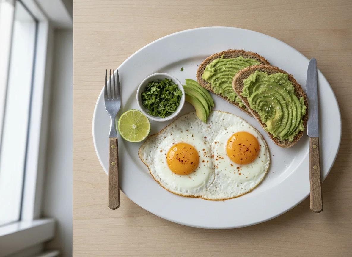 Desayuno con huevos fritos, tostada y palta photo