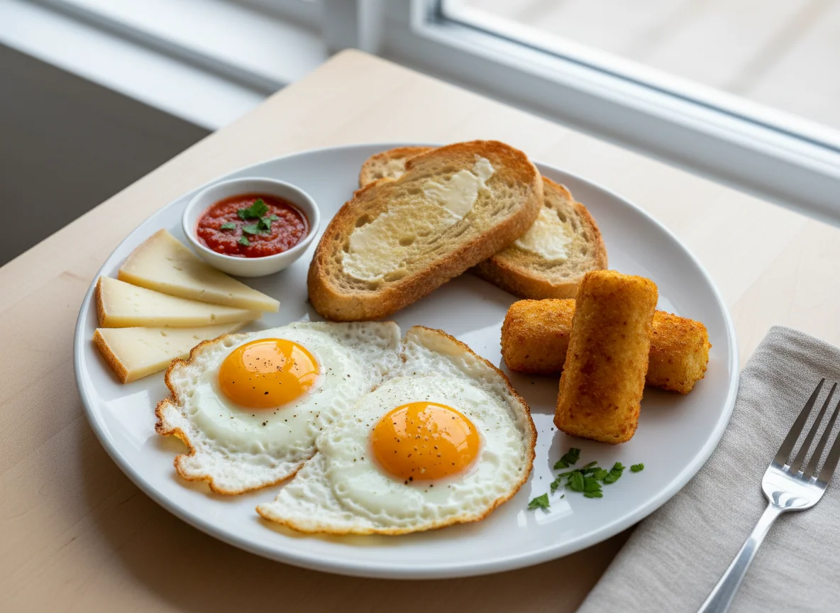 Desayuno con huevos fritos, tostadas, croqueta de patata y queso photo