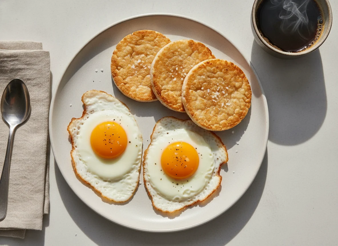 Desayuno con huevos fritos, tostadas de arroz y café photo