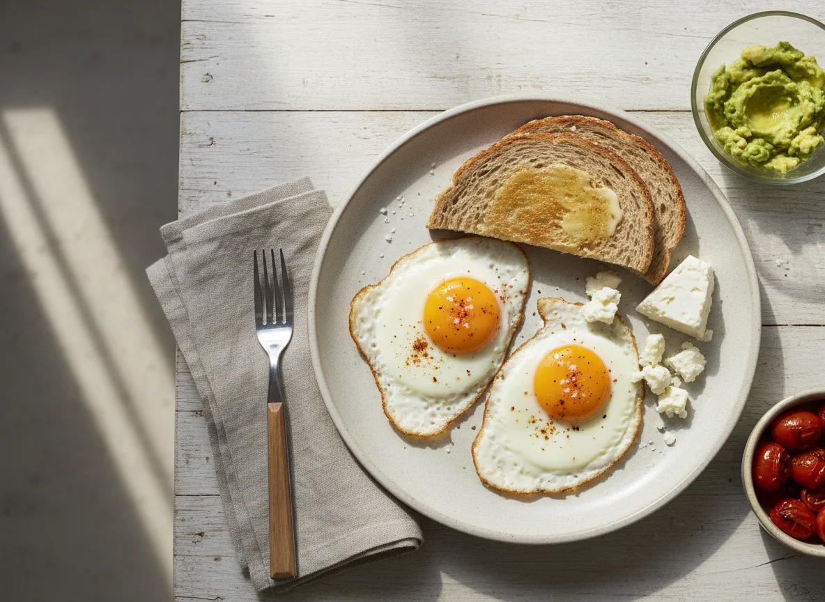 Desayuno con huevos fritos, tostadas y queso photo