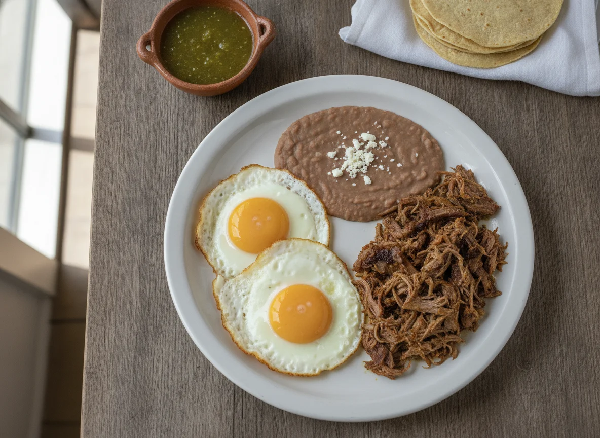 Desayuno con huevos fritos y carne deshebrada photo