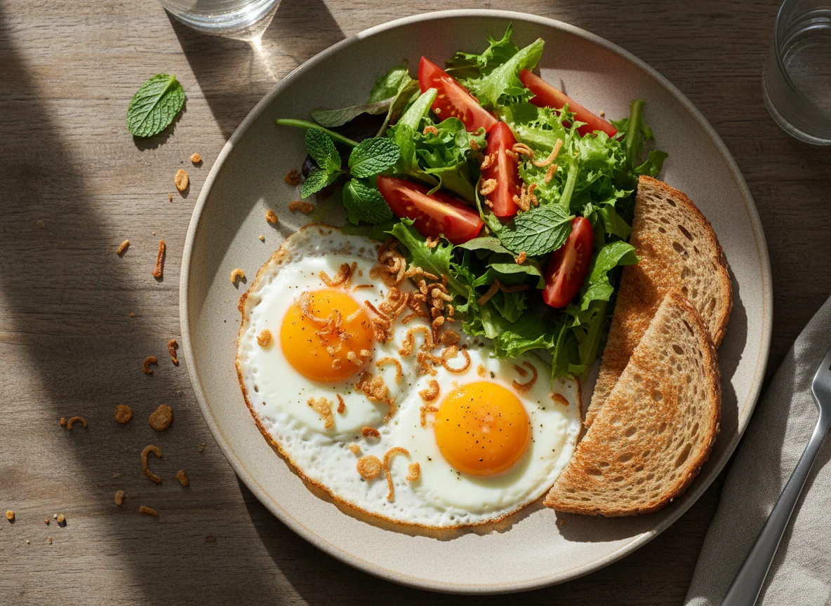 Desayuno con huevos fritos y ensalada photo