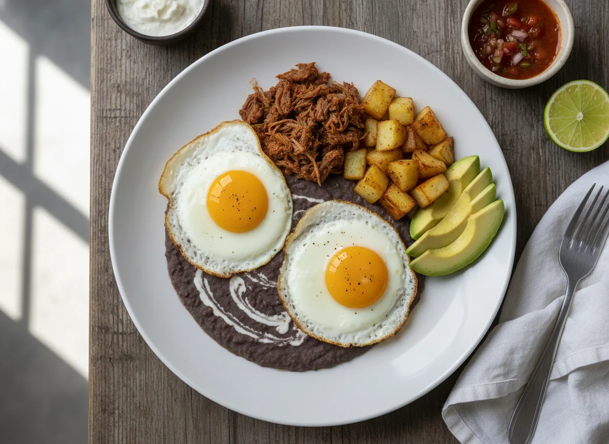 Desayuno con huevos fritos y frijoles photo