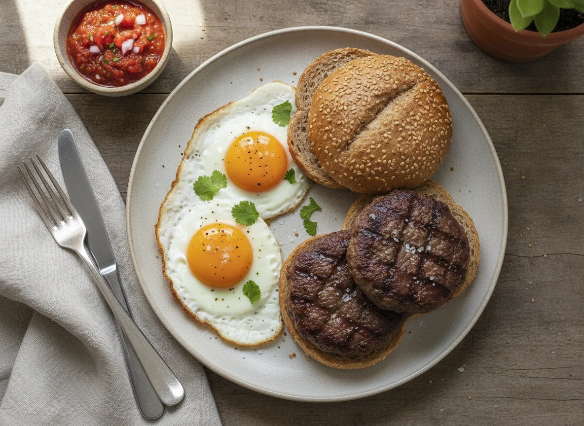 Desayuno con huevos fritos y hamburguesas photo