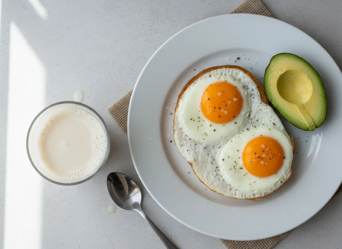 Desayuno con huevos fritos y leche de almendras photo