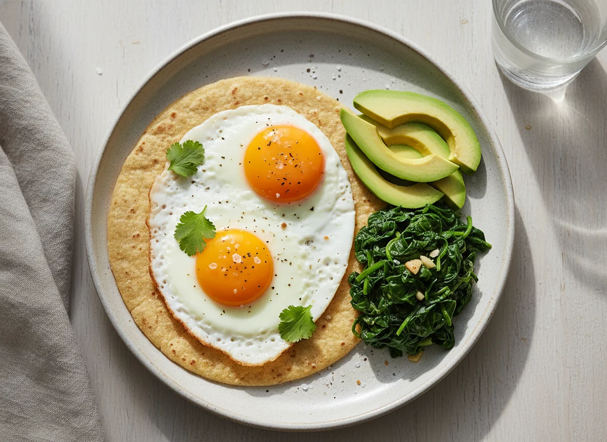Desayuno con huevos fritos y tortilla photo