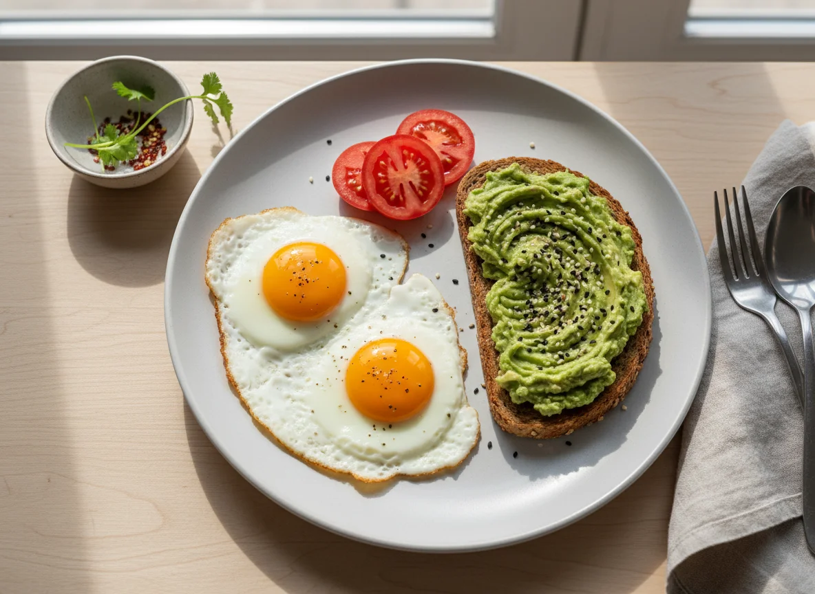 Desayuno con huevos fritos y tostada de aguacate photo