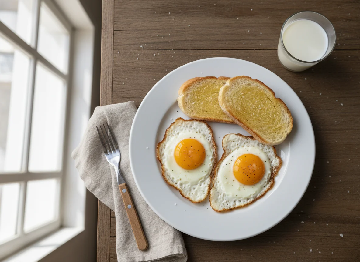 Desayuno con huevos fritos y tostadas photo