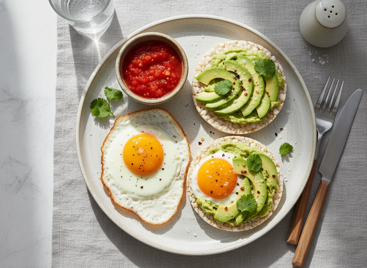 Desayuno con huevos fritos y tostadas de arroz con aguacate photo
