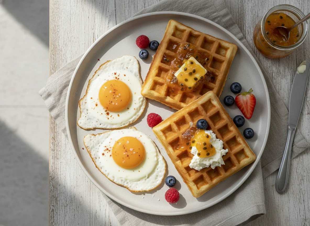 Desayuno con huevos fritos y waffles photo