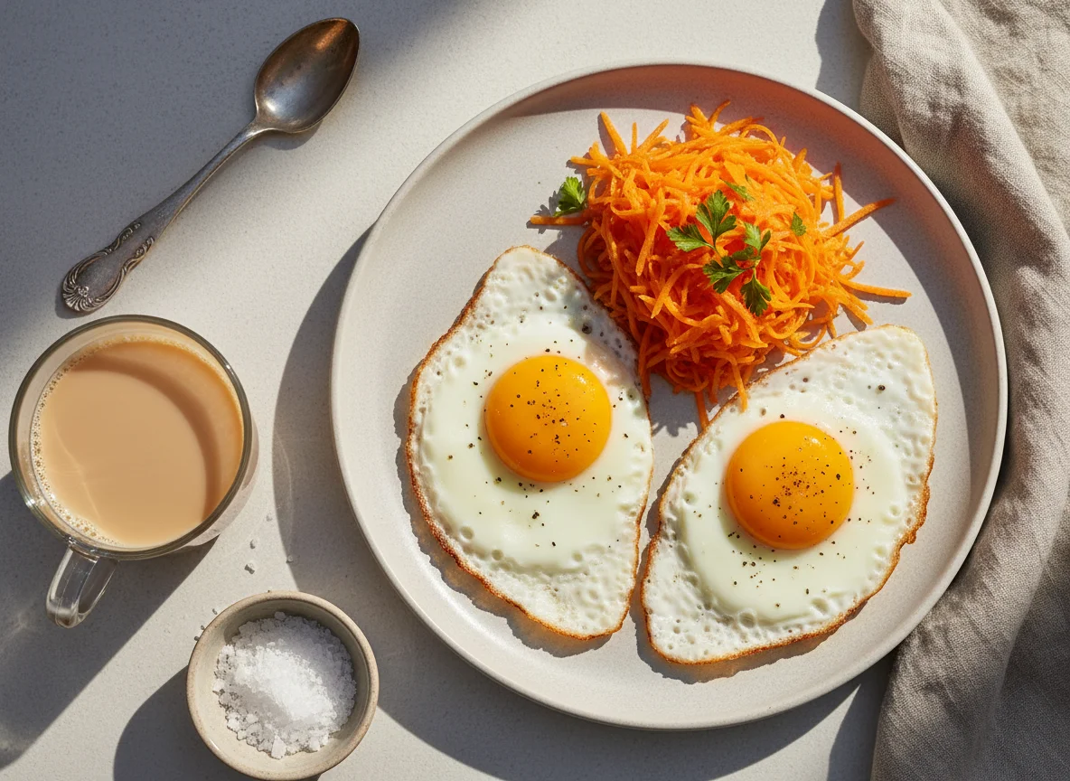 Desayuno con huevos fritos, zanahorias y café photo