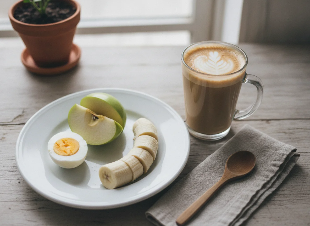 Desayuno con huevos, fruta y café con leche photo