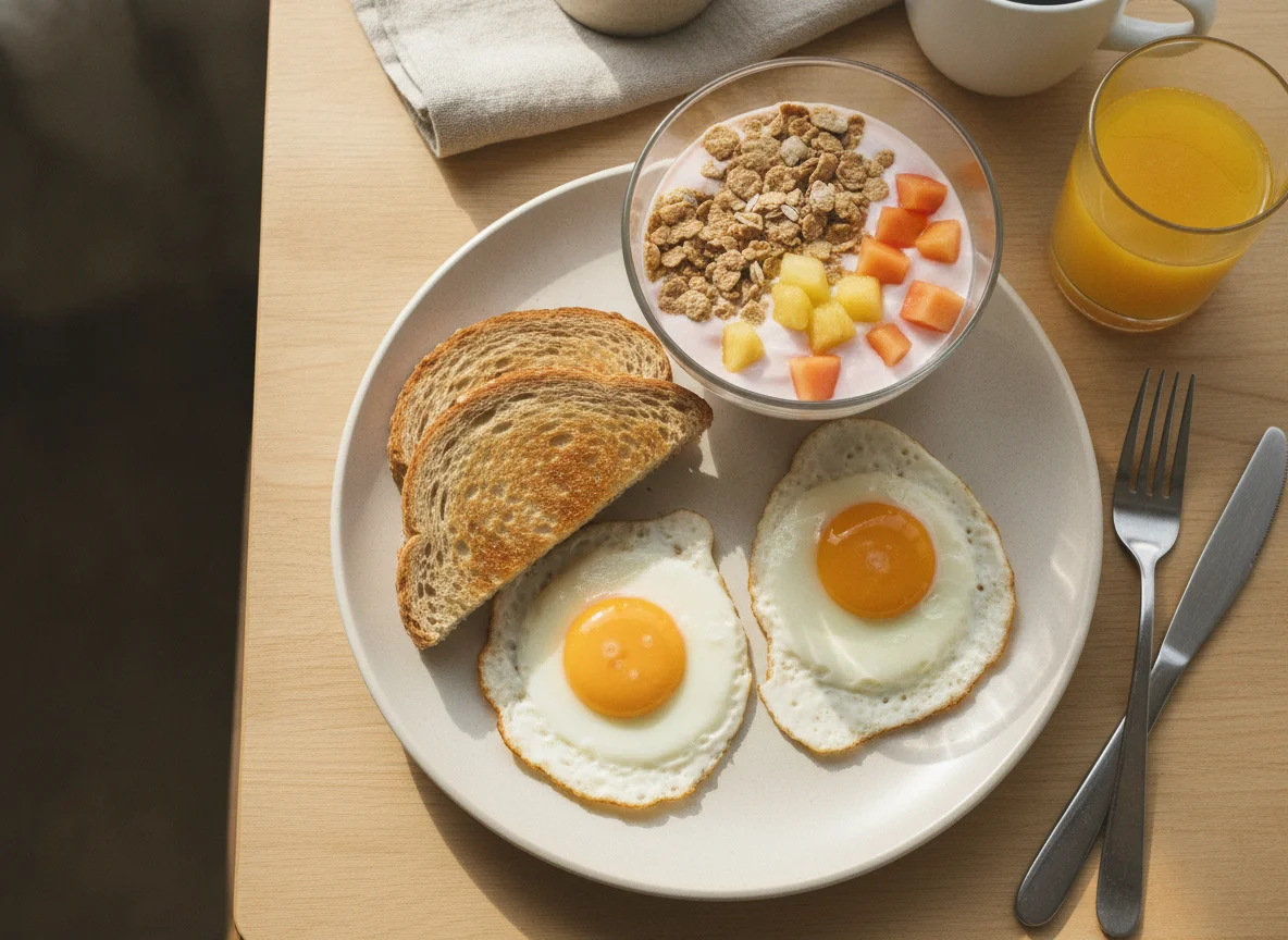 Desayuno con huevos, fruta, yogurt y pan photo