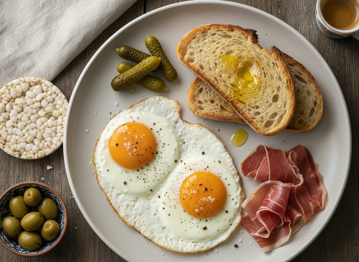 Desayuno con huevos, jamón, pan y pepinillos photo