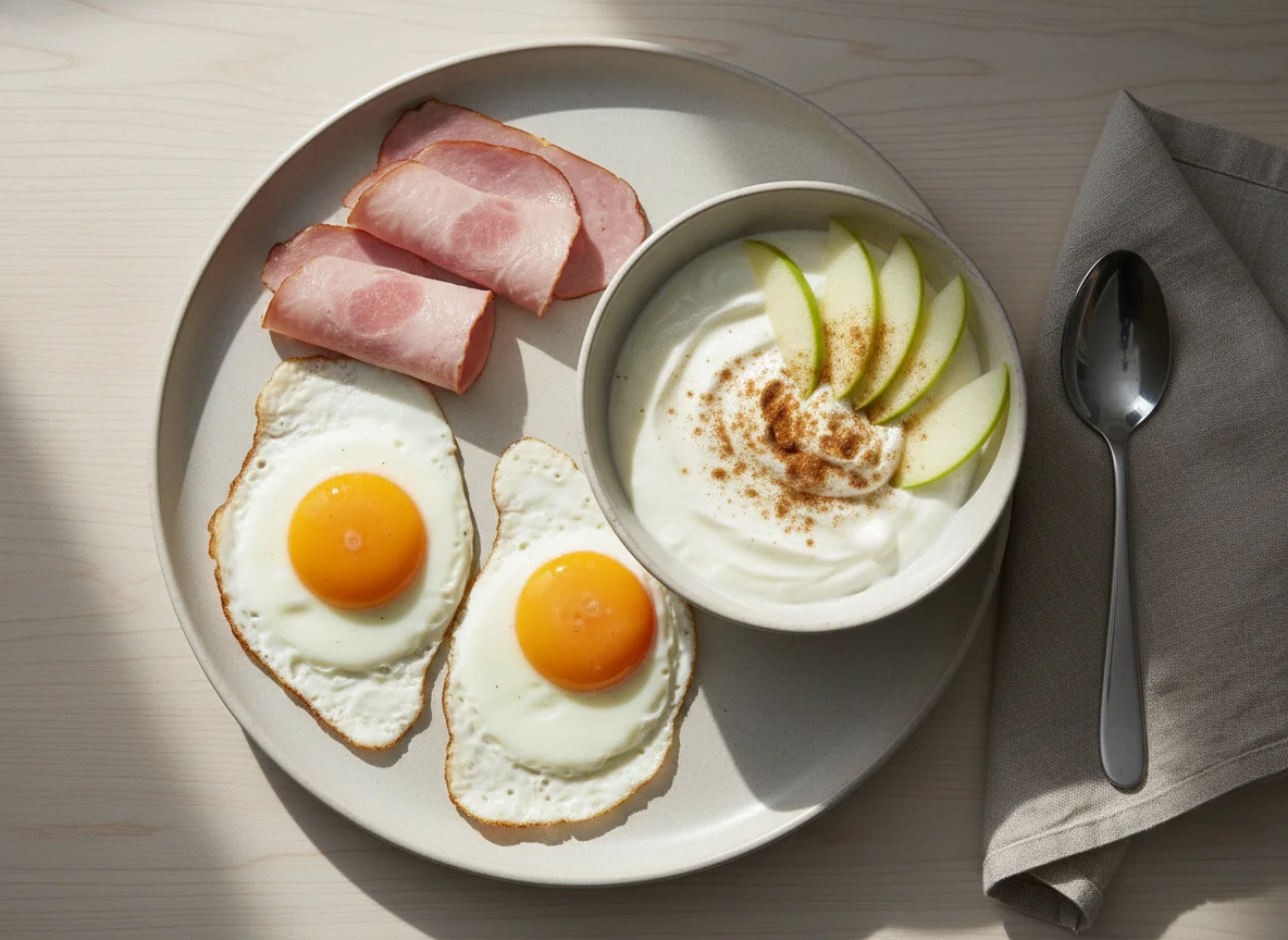 Desayuno con huevos, jamón y yogur con fruta photo