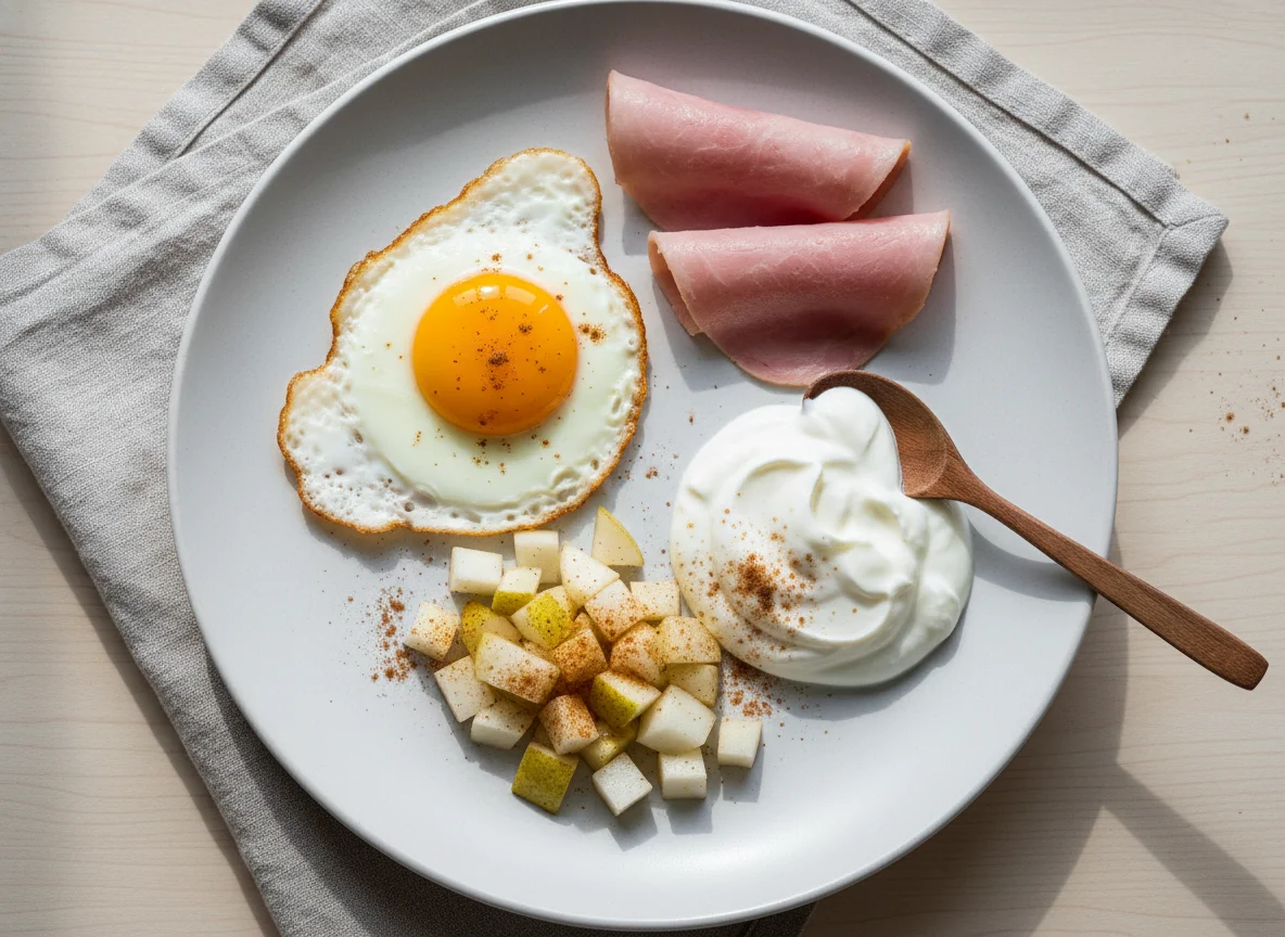 Desayuno con huevos, jamón, yogur y pera photo