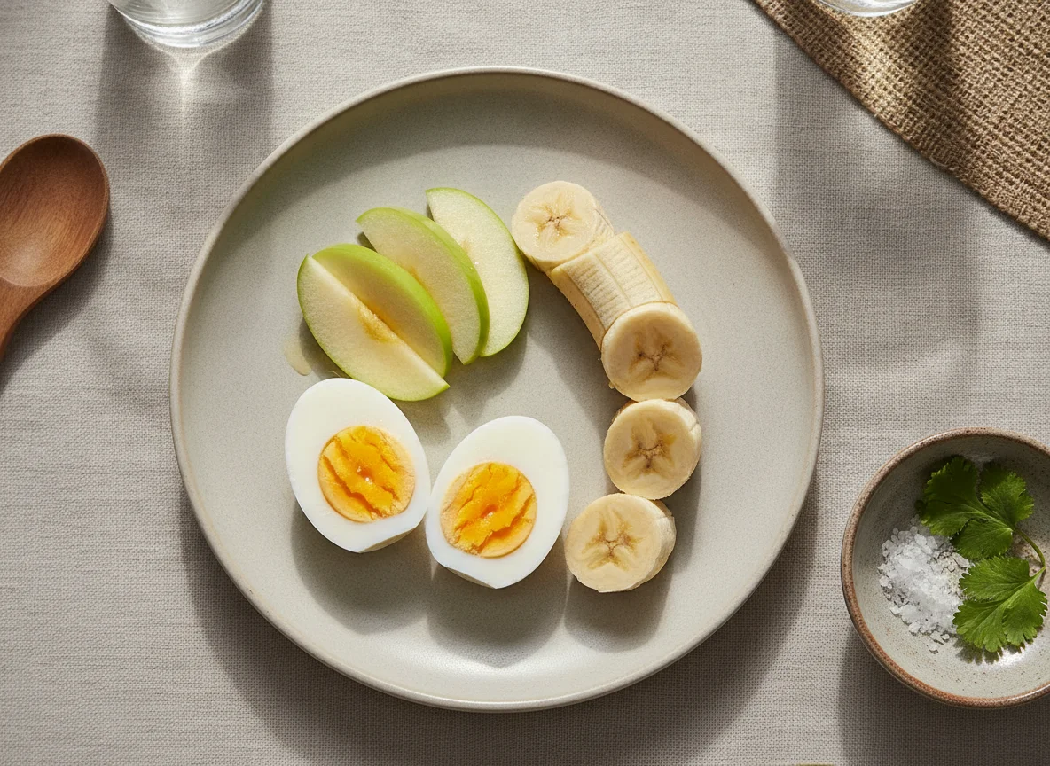 Desayuno con huevos, manzana y banana photo