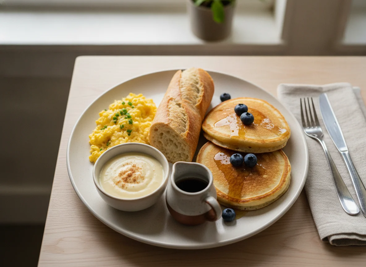 Desayuno con huevos, natilla, baguette y panqueques photo