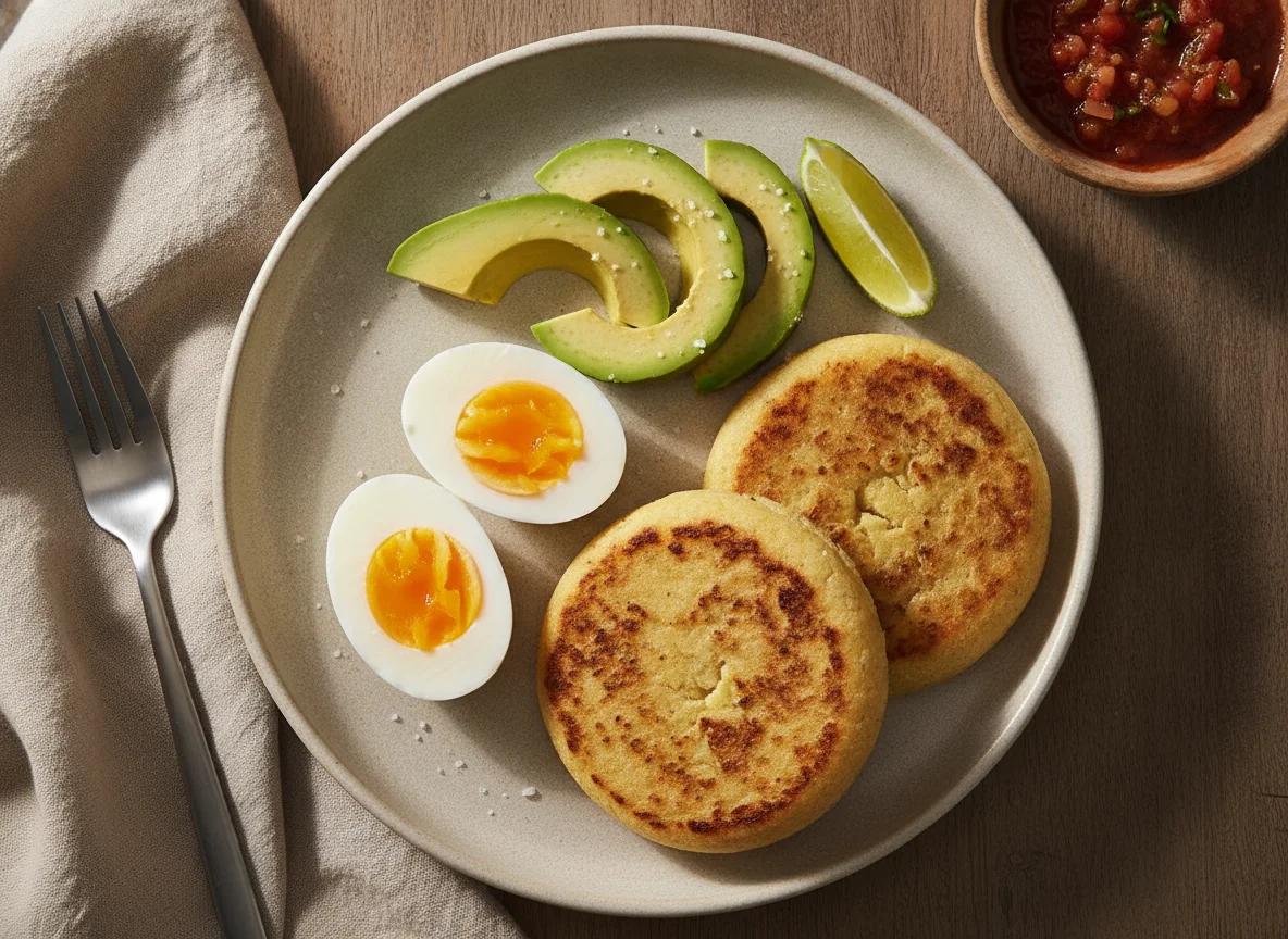 Desayuno con huevos, palta y arepas photo