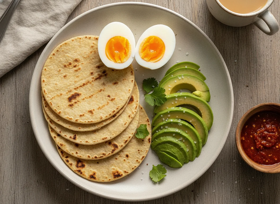 Desayuno con huevos, palta y tortillas photo