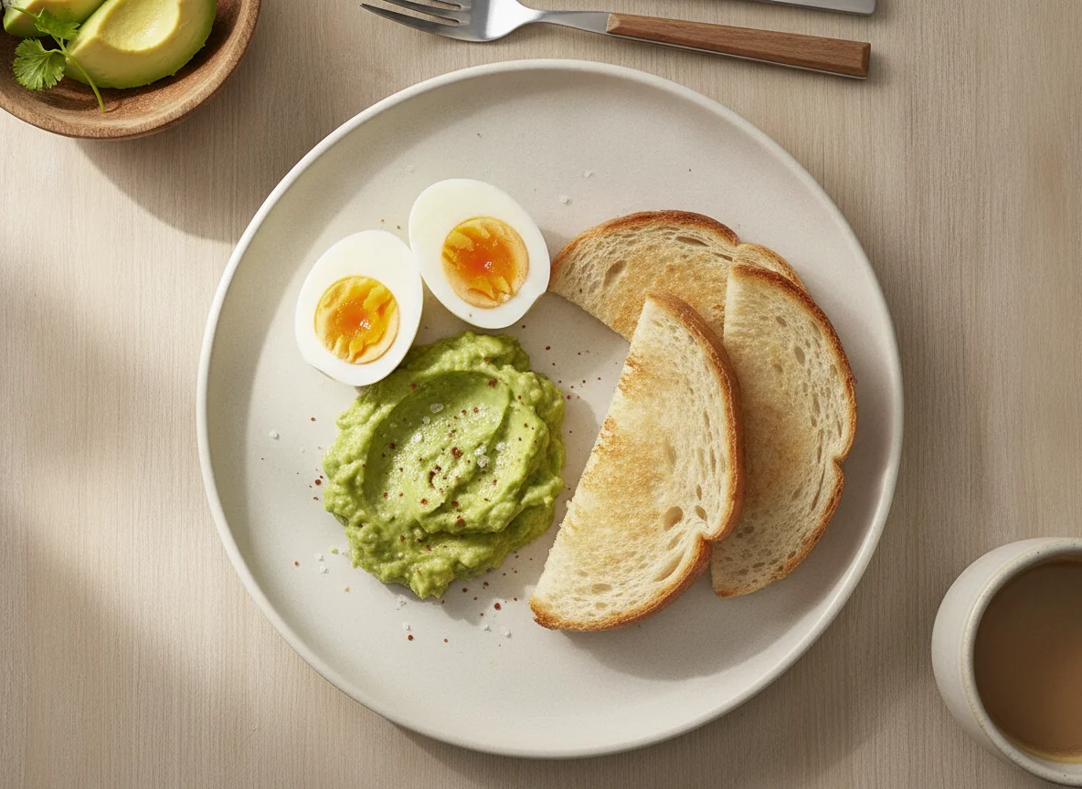 Desayuno con huevos, palta y tostadas photo