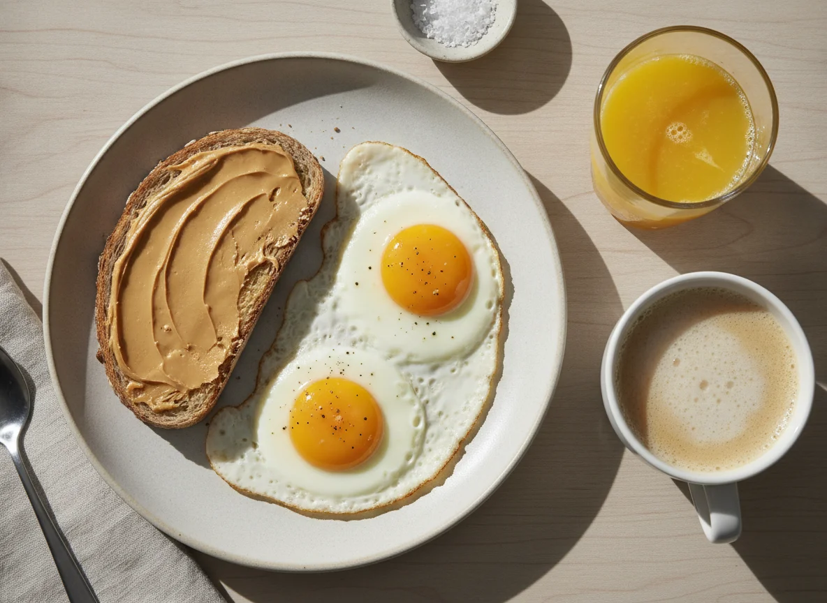 Desayuno con huevos, pan con crema y zumo photo
