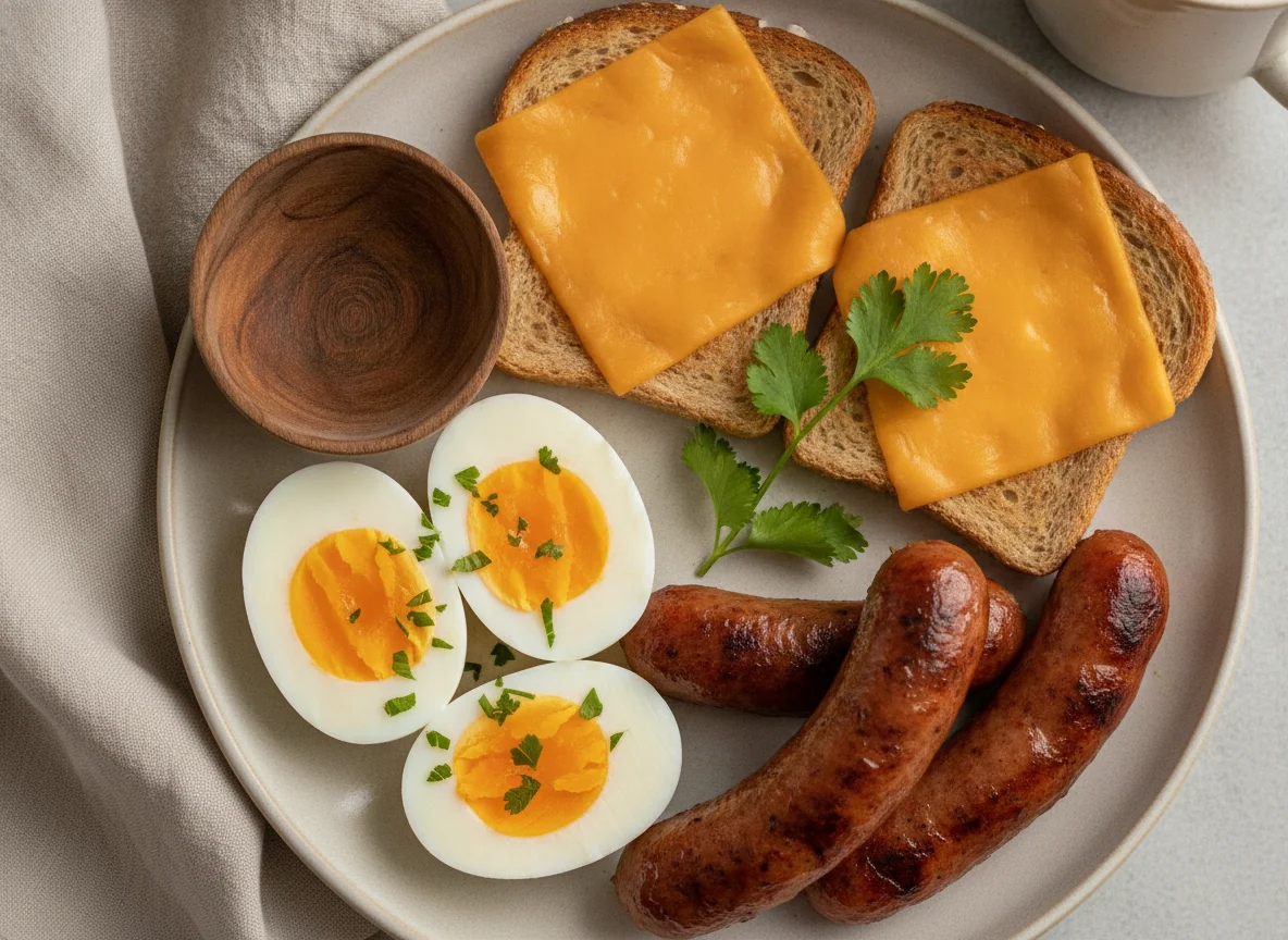 Desayuno con huevos, pan con queso y salchichas photo