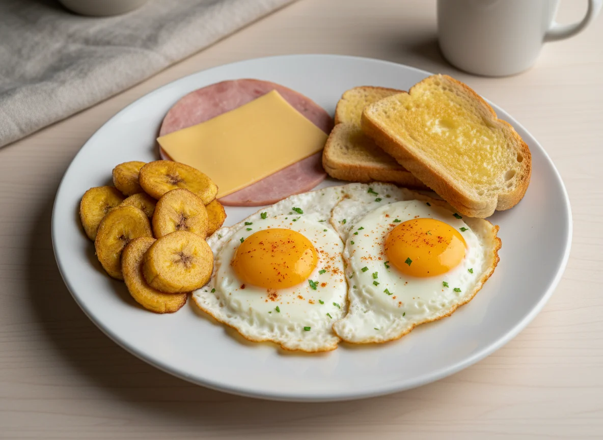 Desayuno con huevos, pan, jamón, queso y plátano frito photo
