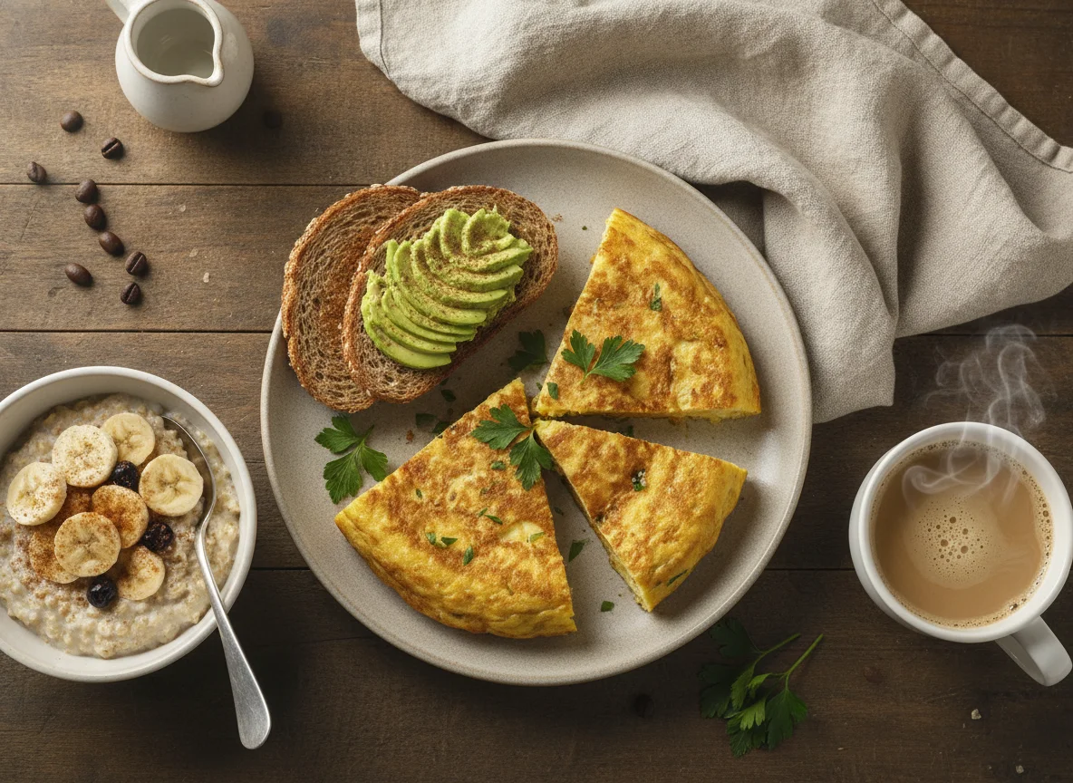 Desayuno con huevos, pan y avena photo