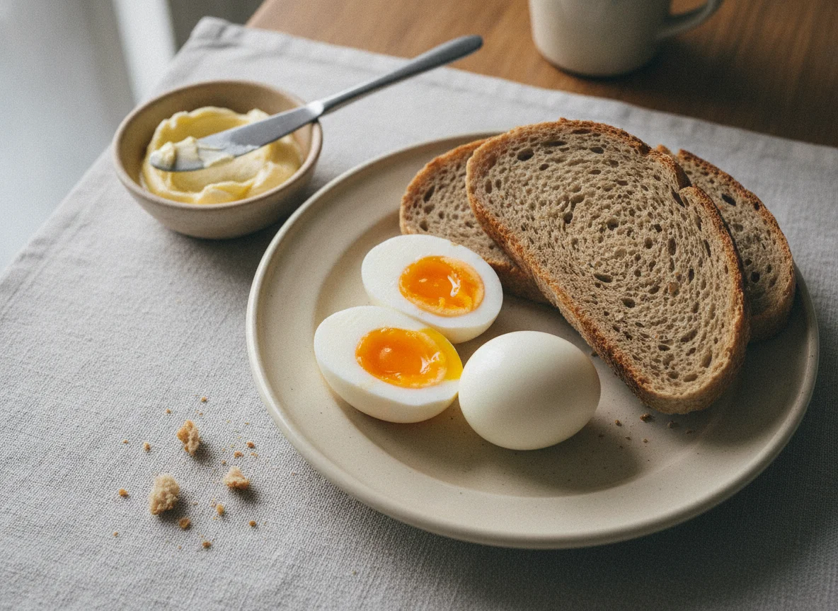 Desayuno con huevos, pan y manteca photo
