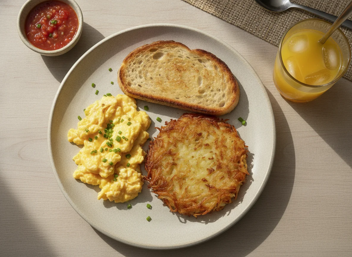 Desayuno con huevos, pan y papa photo