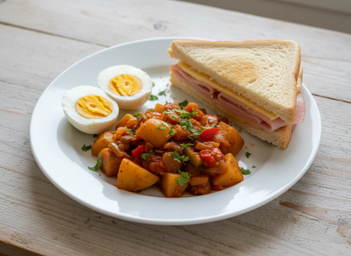 Desayuno con huevos, papas y sándwich photo