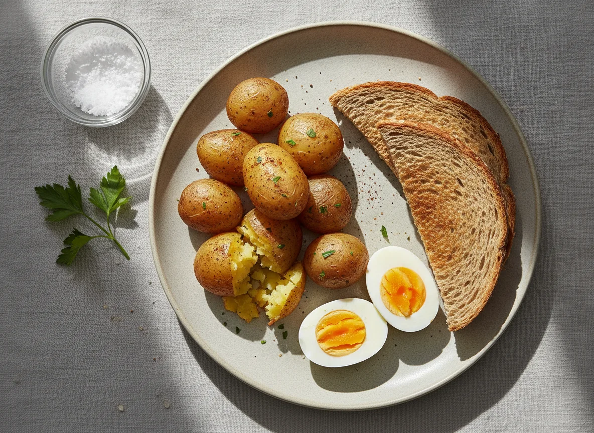 Desayuno con huevos, papas y tostadas photo