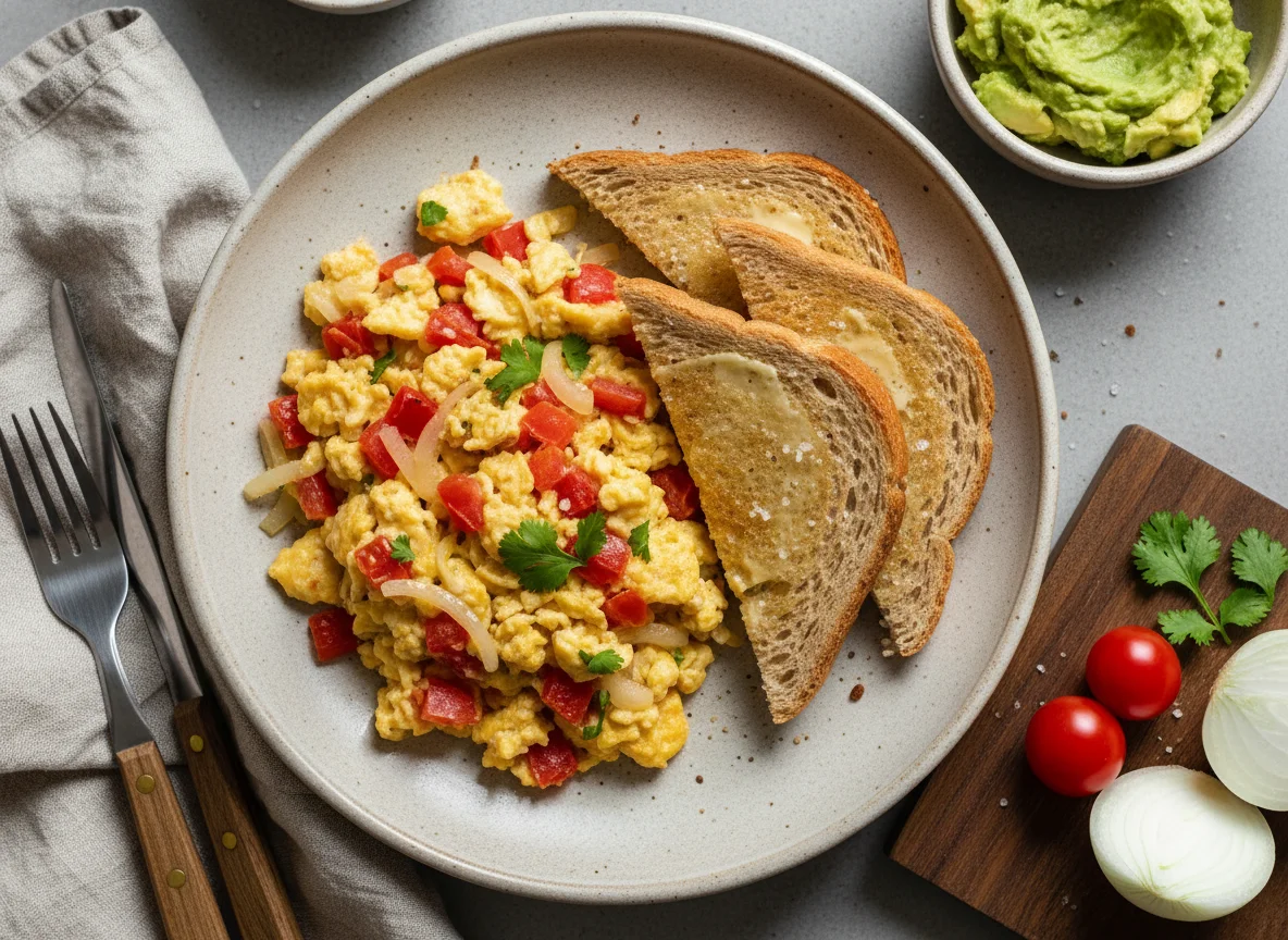 Desayuno con huevos pericos y tostadas photo