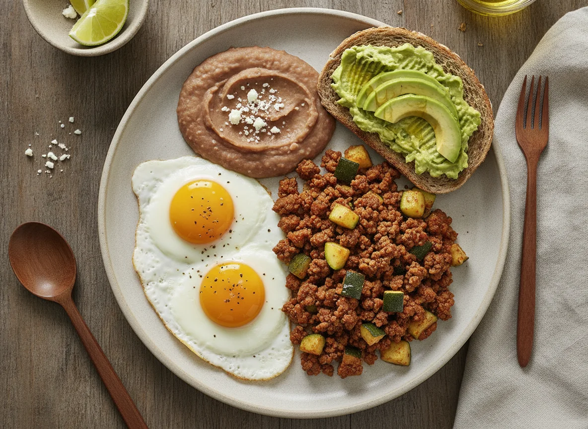 Desayuno con huevos, picadillo de res, frijoles refritos y tostada de aguacate photo