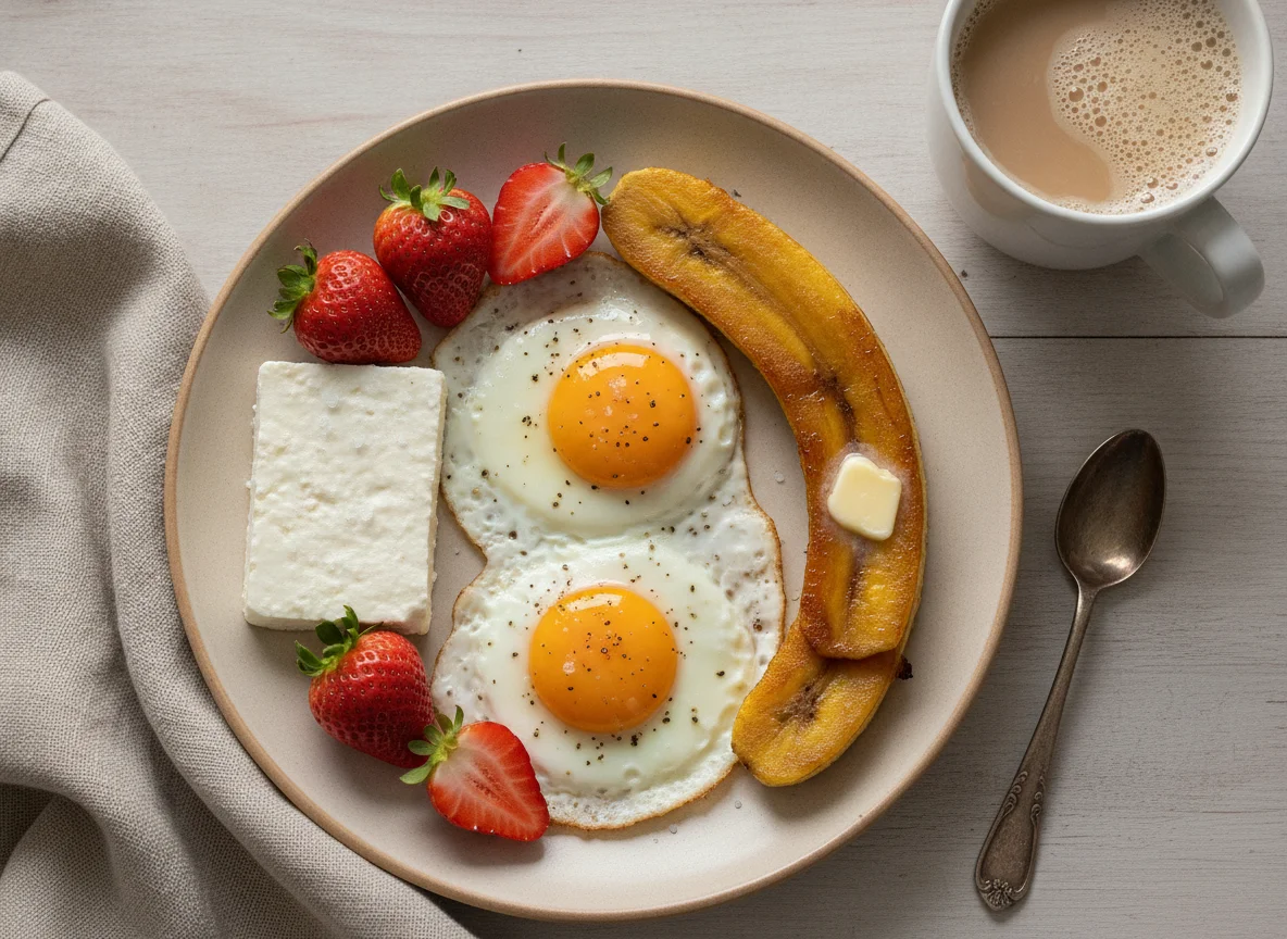 Desayuno con huevos, plátano macho, queso fresco, fresas y café photo