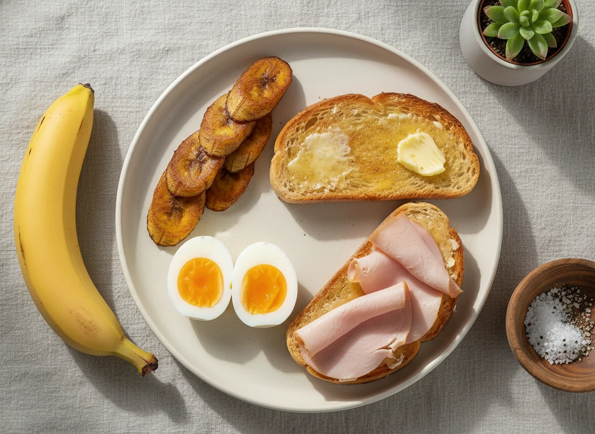 Desayuno con huevos, plátano y sándwich photo